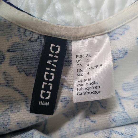 H&M Blue White Porcelain Floral Fit & Flare Mini Dress Chinoiserie Cottagecore - Picture 2 of 6